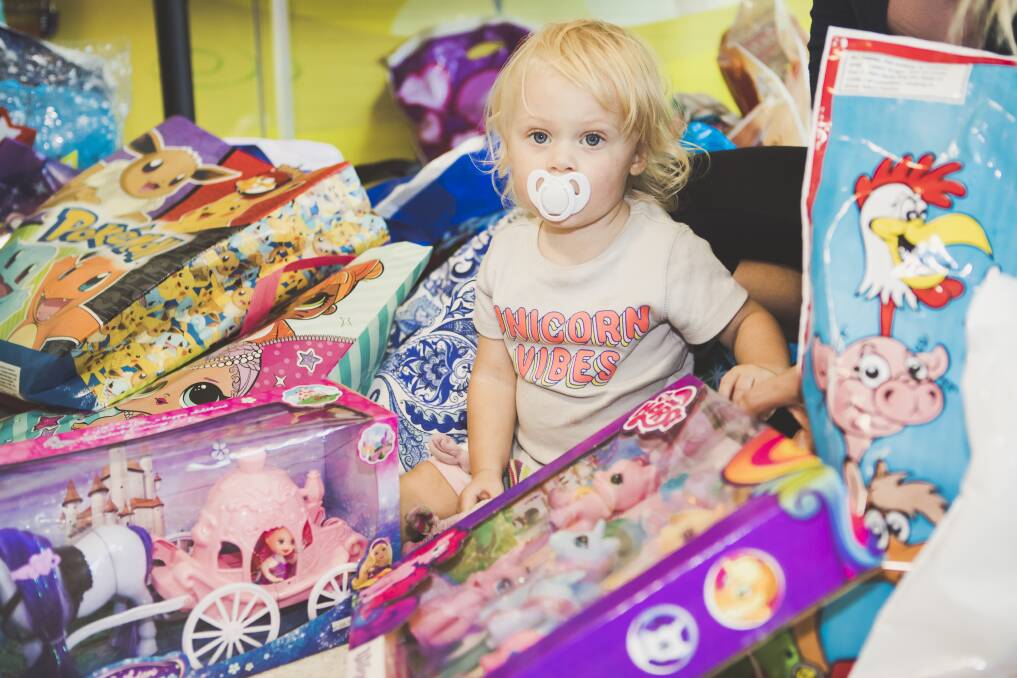 Lily Sidwell, 19 months, staying calm in a sea of showbags at Canberra Hospital. Photo: Jamila Toderas