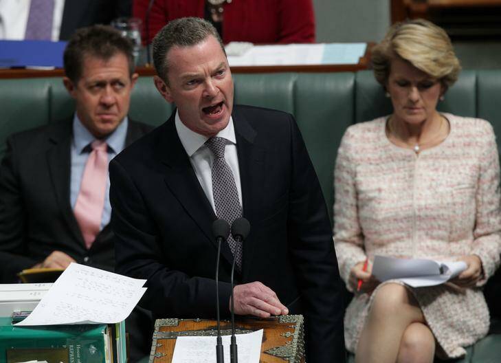 Christopher Pyne speaks during question time in the House of Representatives, where he sought to reinstate former speaker Harry Jenkins to the chair. Photo: Alex Ellinghausen