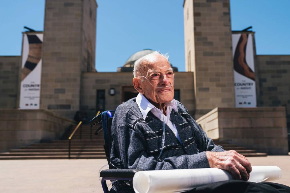 Ninety-nine-year-old Bob McJannett at the Australian War Memorial. He worked as a builder and contributed to the building which was opened in 1941. Photo: Rohan Thomson