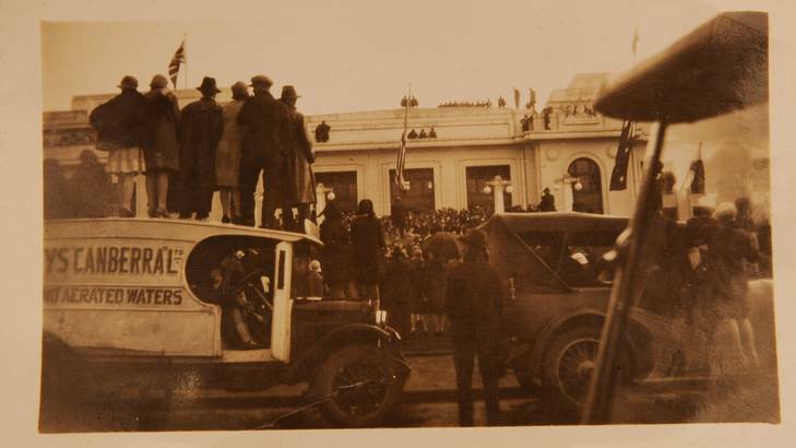 A copy photo from the album of Hazel Merz showing the opening of Old Parliament House, 1927. Photo: Colleen Petch