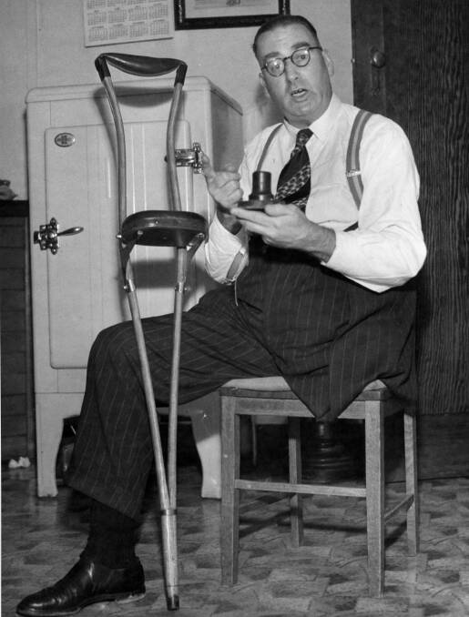 Veteran Raymond Stalker explains his ingenious crutch. Photo: Supplied