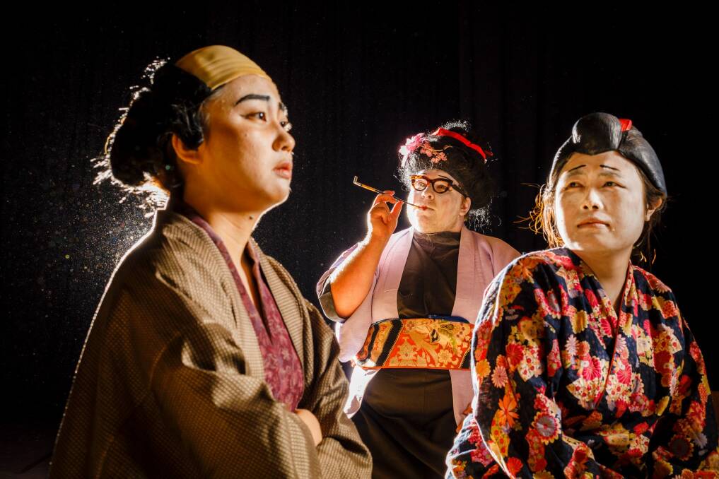ANU Za Kabuki members Nami Yasuda, Alex Pietrzak, and Wei Zhou bring alive the characters of Chobei, Okoma, and Ohisa during a dress rehearsal of Top Knot Bunshichi.  Photo: Sitthixay Ditthavong