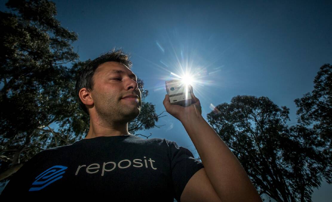 Next Generation Energy Storage program. Fyshwick company Reposit Power CEO Dean Spaccavento with the home device used to transmit solar battery power. Photo: Karleen Minney