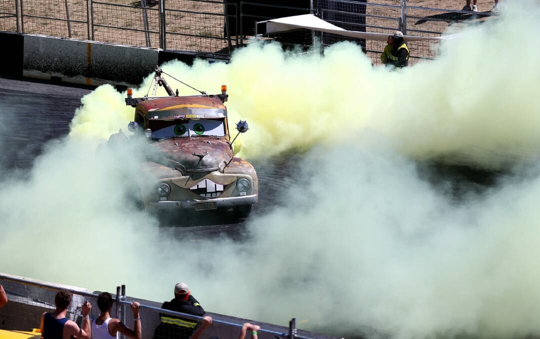 A real life Mater from 'Cars' does a burnout at Summernats in January. Photo: Alex Ellinghausen