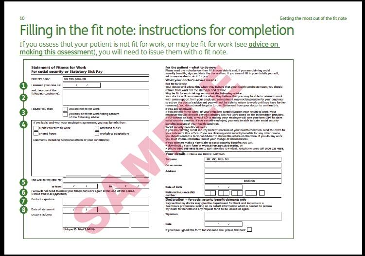 A UK version of a GP fit note. Photo: Supplied