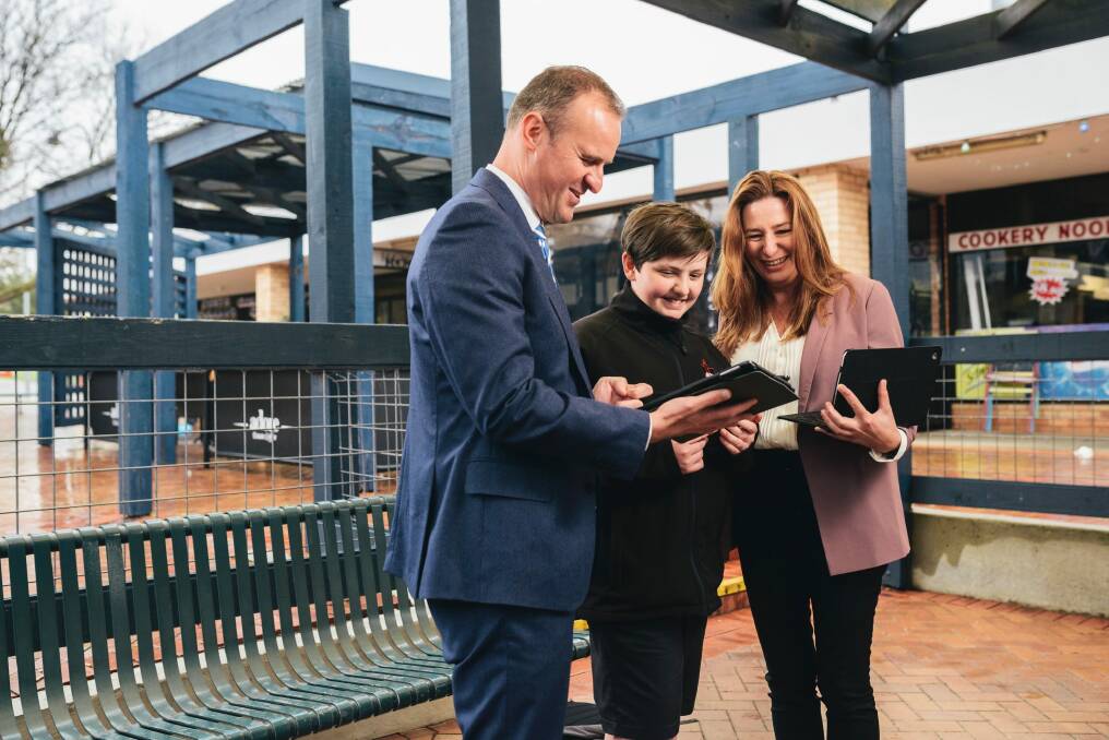 Belconnen High year 7 student, Reece Bowman, with ACT Chief Minister Andrew Barr and MLA Yvette Berry. Photo: Rohan Thomson