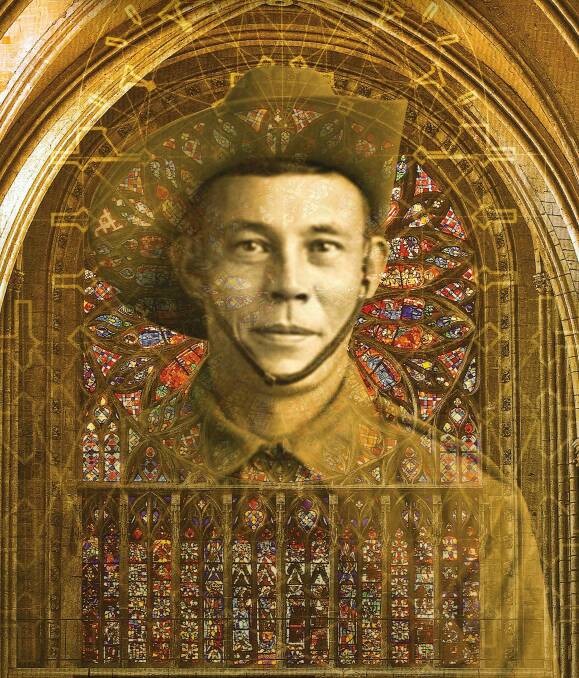 Diggers' Requiem image of Australian Army sniper William " Billy" Sing (AWM PO3633.006) superimposed over a photo of Amiens Cathedral’s Western Rose window. Photo: Picasa