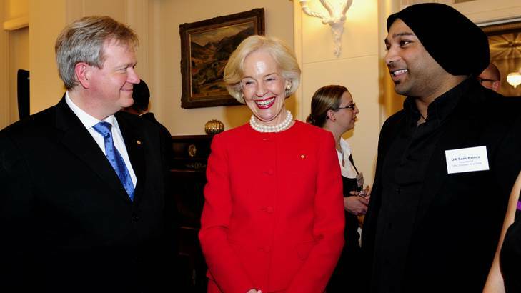Professor Brian Schmidt  and the Governor General, Ms Quentin Bryce,  talk to new generation of scientists at Government House including Dr Sam Price Founder , One Disease at at Time, ACT Young Australian of the year 2012. Photo: Melissa Adams