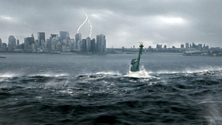 A tsunami floods New York city following a catastrophic climatic shift in a scene from the 2004 disaster film The Day After Tomorrow.