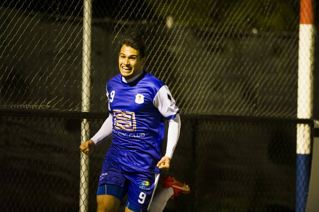 Canberra Olympic's Philipe Bernabo Madrid after his first half  goal in their FFA Cup match against Surfers Paradise Apollo.  Photo: Rohan Thomson