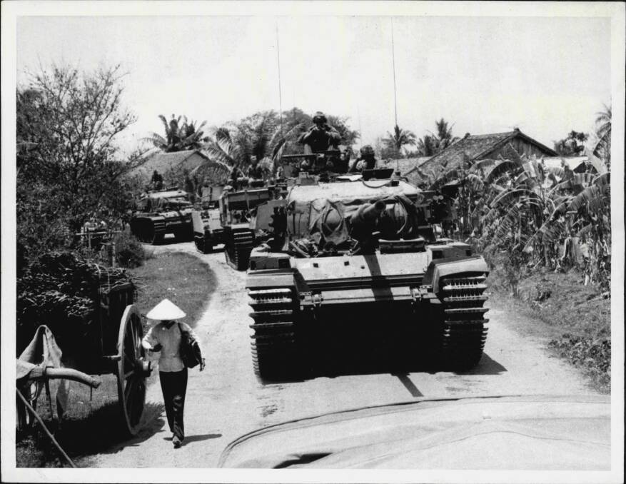 A welcome sight to infantry and gunners in the fire support bases at "Coral" and "Balmoral", in north-west Bien Hoa Province was the arrival of Australian Centurion tanks. Photo: Australian War Memorial Image 