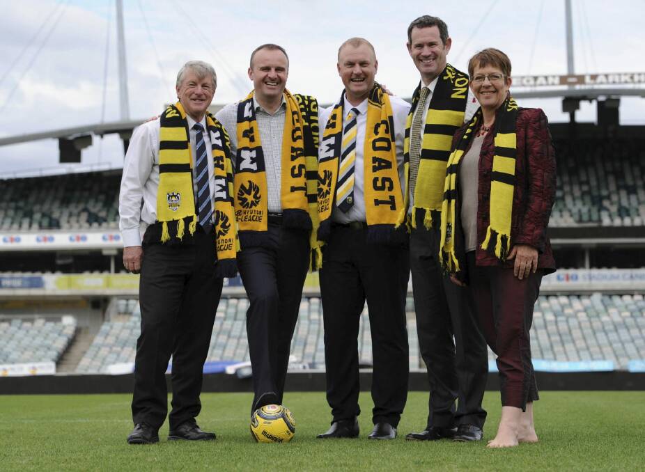 Capital Football president Mark O'Neill, ACT Chief Minister Andrew Barr, Mariners boss Shaun Mielekamp, Phoenix boss David Dome and Wellington mayor Celia Wade-Brown recently announced an A-League match between the two clubs in Canberra recently. Photo: Graham Tidy
