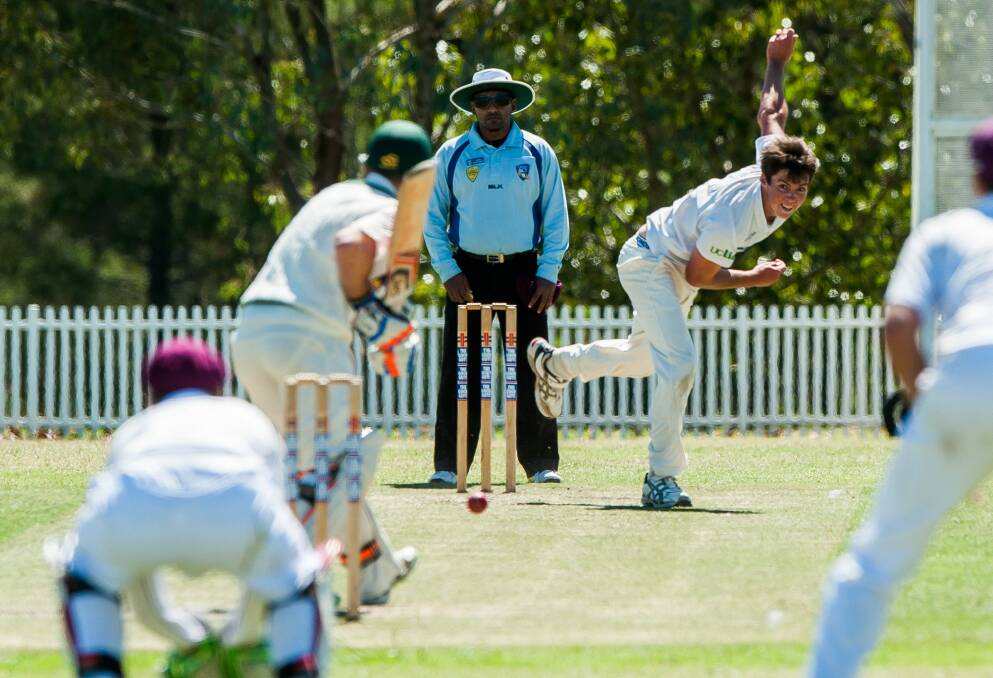 Wests/UC bowler Sam Skelly took 3-52 on the first day of the Douglas Cup final against Weston Creek Molonglo on Saturday. Photo: Elesa Kurtz