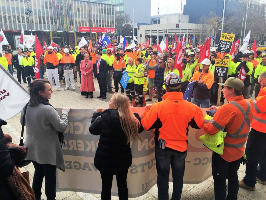 The CFMEU held a rally outside the ACT Legislative Assembly on Tuesday. Photo: Katie Burgess