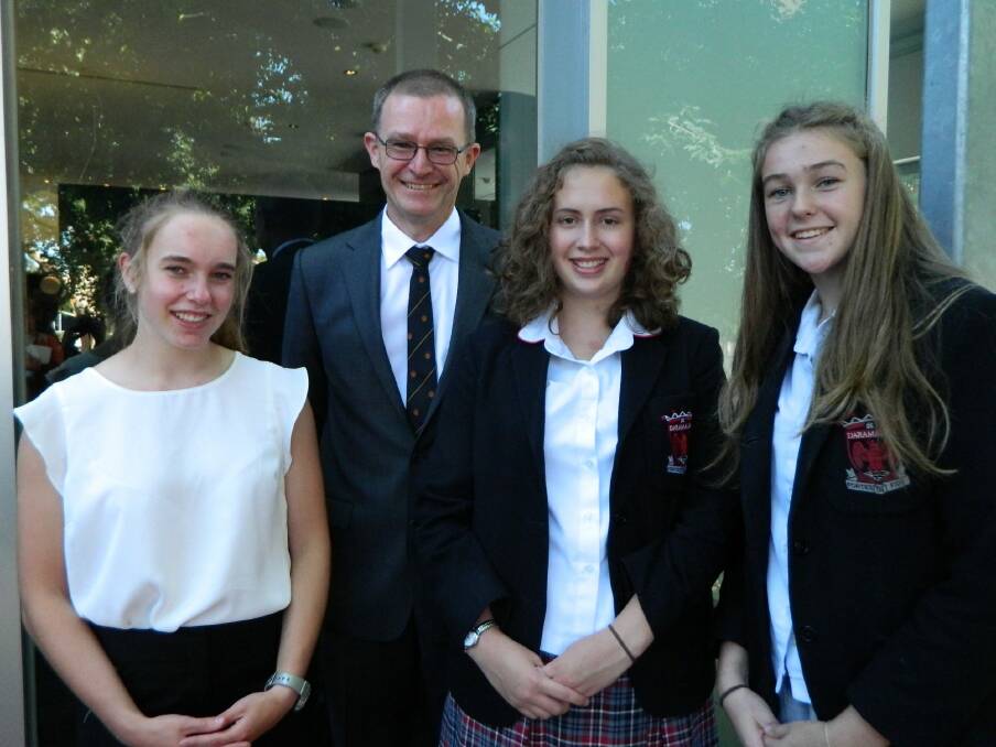 Rose Weller, science teacher Colin Price, Emma Johnson and Gabby Jarvis, all of Daramalan College, were finalists in the BHP Billiton Science and Engineering Awards. Photo: Supplied