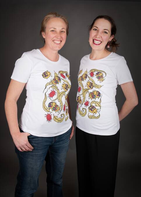 Dr Megan Head and Sophie Kristine with their Team Beetle Sex t-shirts for Shirty Science 2018. Photo: Geoffrey Dunn