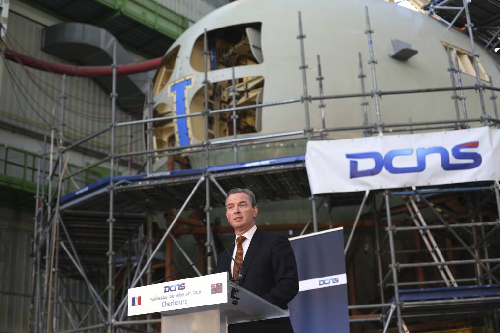 Government minister Christopher Pyne in 2016, announcing the decision to build the French diesel submarines in Australia. Photo: Thibault Camus