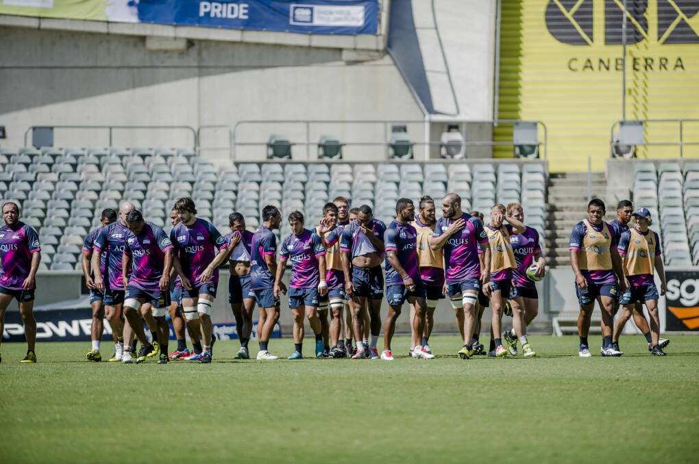 Brumbies players at the side's captain's run at Canberra Stadium ahead of their clash with the Waratahs on Friday.  Photo: Jamila Toderas