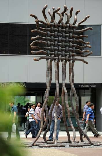 Street art unveiled at Woden. A sculpture entitled "Culture Fragment" by artist David Jenz graces the forecourt of Government buildings in the town centre. Photo: Graham Tidy