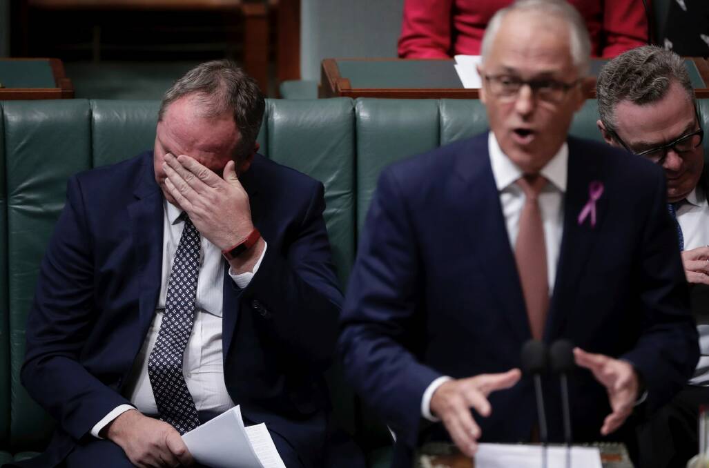 Deputy Prime Minister  Barnaby Joyce and Prime Minister Malcolm Turnbull during Question Time at Parliament House in Canberra on Thursday. Photo: Alex Ellinghausen