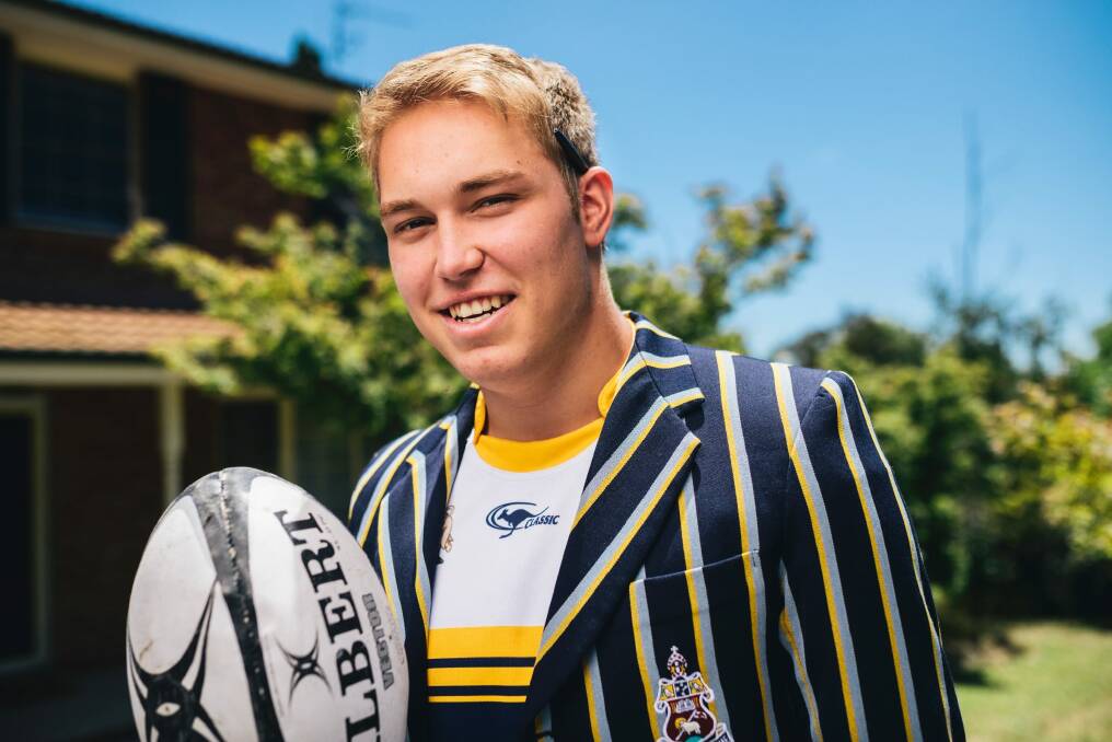 Portrait of Charlie Hancock who was named in the Brumbies under 20s team on Thursday. He has just finished year 12 at Canberra Grammar and scored an ATAR of 99.10. Photo: Rohan Thomson