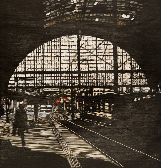 Julian Laffan's <i>Main Station Prague</i> woodcut in <i>World Series</i> at M16 Artspace is inspired by the stereoscopic double images from the early days of photography. Photo: Supplied