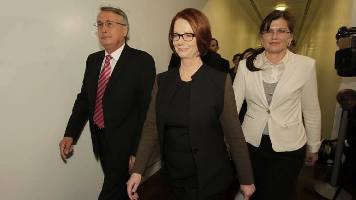 Prime Minister Julia Gillard arrives for the leadership ballot. She is standing down after losing to Kevin Rudd. Photo: Andrew Meares