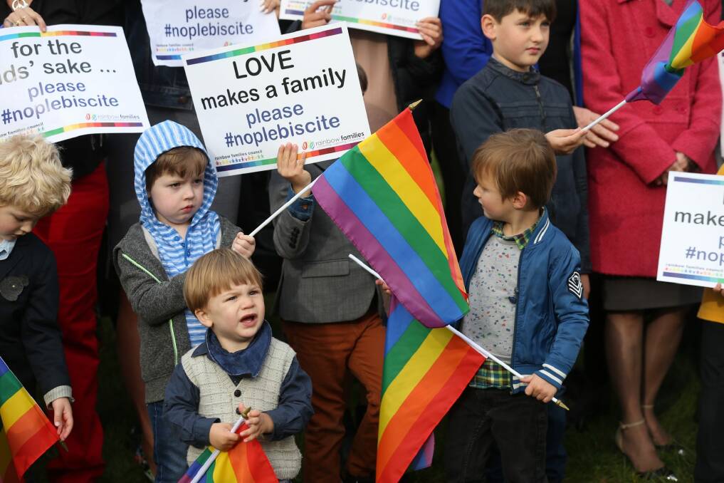 Rainbow Families opposed to a plebiscite on same sex marriage outside Parliament House in Canberra in September 2016. Photo: Andrew Meares
