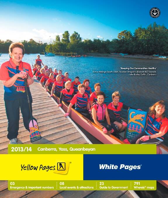Anna Wellings Booth, left, on the cover of the Canberra region Yellow Pages.
