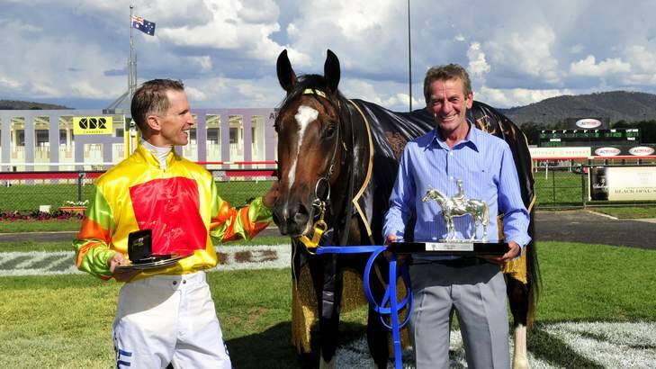 Jockey Glyn Schofield and trainer Gerald Ryan - winners of the Black Opal with horse Lucky Raquie. Photo: Melissa Adams