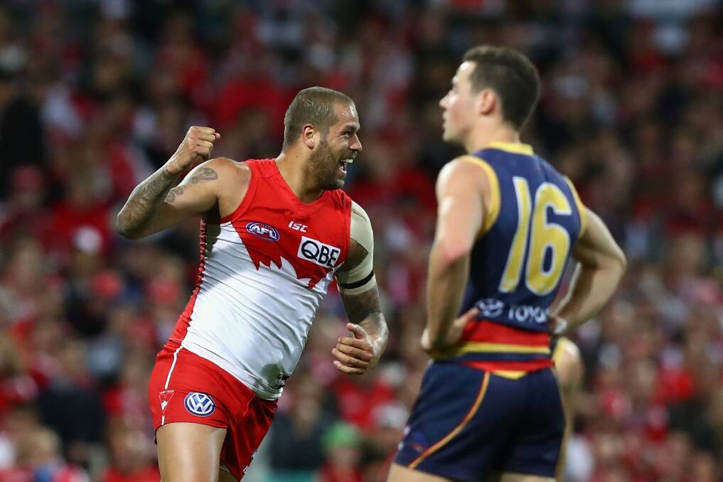 Lance Franklin celebrates one of his goals against the Crows. Photo: Getty Images