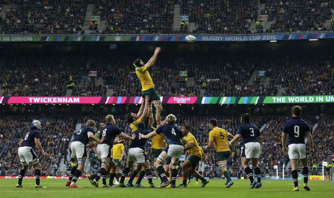Australia's Scott Fardy wins a line out during the Scotland quarterfinal. Photo: Matt Dunham/AP