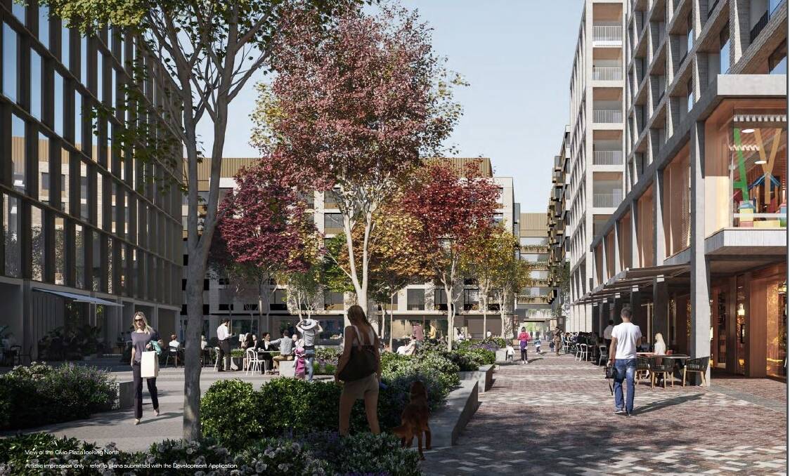 An artist's impression of the proposed new "Civic Plaza" in Dickson, between a government office block to be built on the left and serviced apartments on the right.