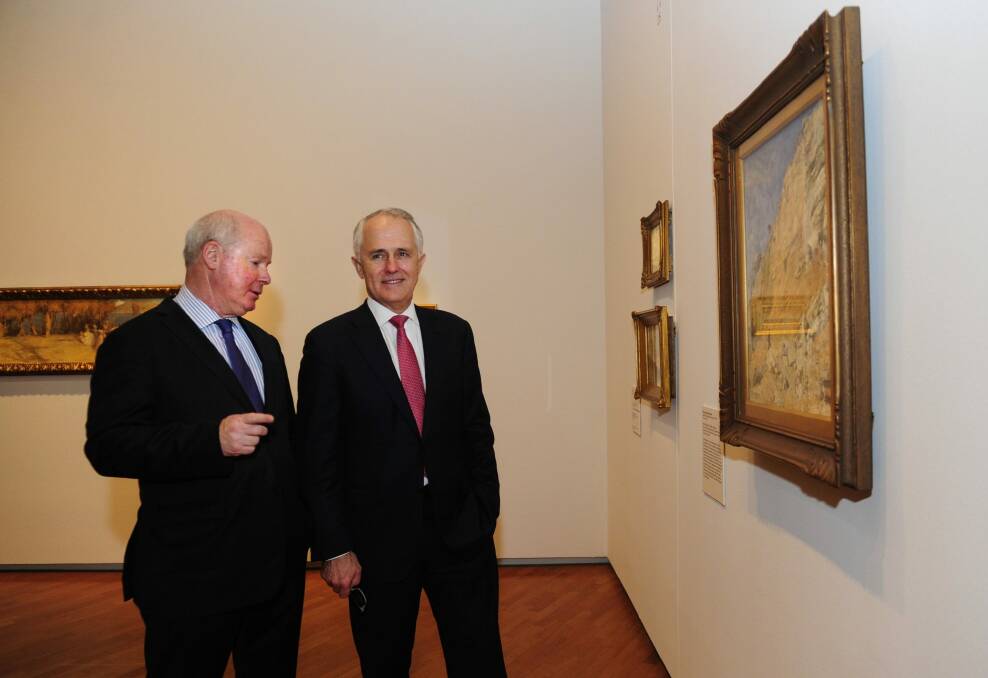 Prime Minister Malcolm Turnbull at the National Gallery of Australia in Canberra for the opening of the Tom Roberts exhibition with the National Gallery of Australia Director Gerard Vaughan.  Photo: Melissa Adams