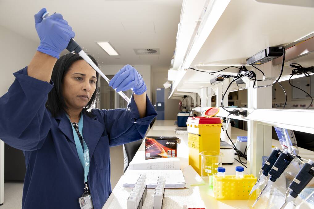 Professor Sudha Rao combines reagents for cancer biomarker detection at the Melanie Swan Memorial Translational Centre. Photo: Sitthixay Ditthavong