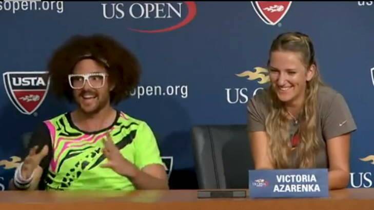 Redfoo joined Victoria Azarenka for a press conference ahead of her first US Open quarter final match in 2012. Photo: Supplied