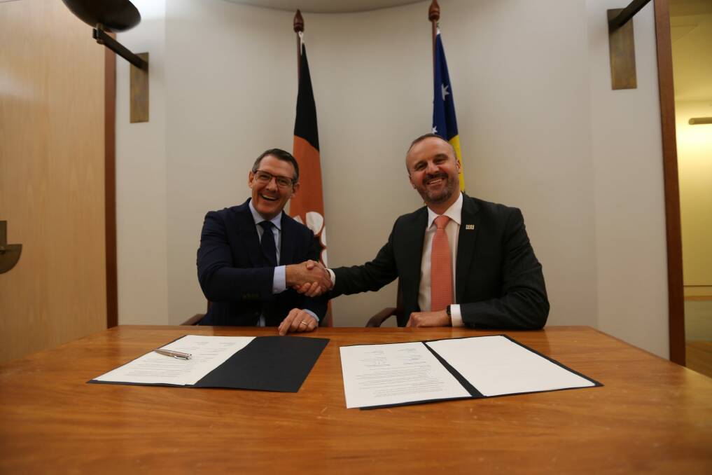 The chief ministers of Australia's two territories, ACT's Andrew Barr and the NT's Hon Michael Gunner, have signed a memorandum of understanding on a number of joint policy priorities including the removal of the Andrew's Bill that prevents the NT and the ACT from considering voluntary euthanasia. Photo: supplied