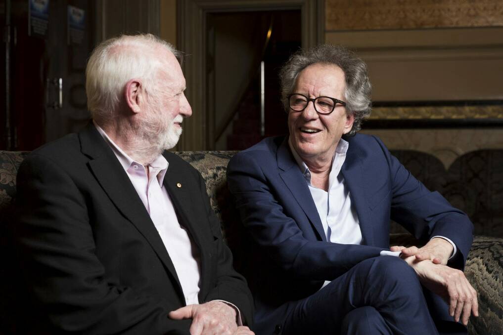 Film critic David Stratton, left and actor Geoffrey Rush in <i>David Stratton: A Cinematic Life<i/i>. Photo: Peter Tarasiuk