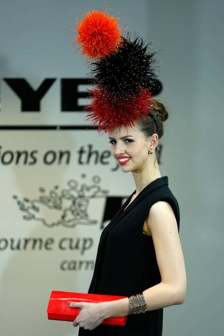 Model Alice Anderson wearing a headpiece from Canberra milliner Cynthia Jones-Bryson which won the Oaks Day Millinery Award 2015 in Melbourne.  Photo: Zak Kaczmarek