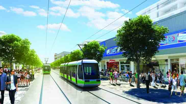 An artist’s rendition of how light rail can transform shopping precincts and open up pedestrian areas. Photo: BRW