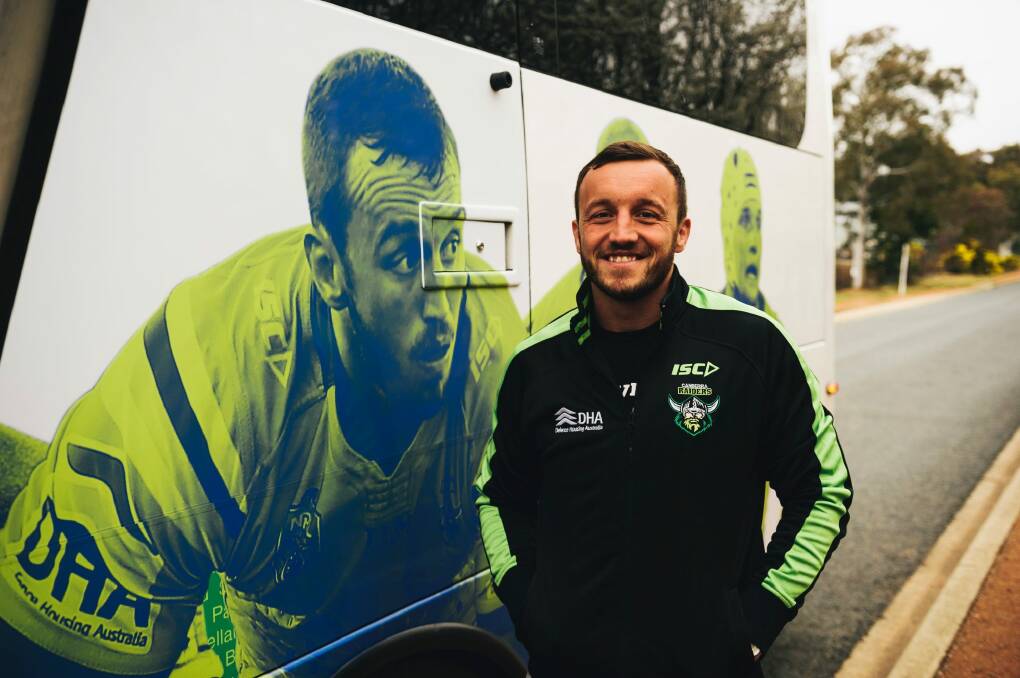 The Raiders unveiled a newly branded bus featuring players including Josh Hodgson as they prepare for the finals. Photo: Rohan Thomson
