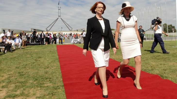 Prime Minister Julia Gillard arrives with ACT Chief Minister Katy Gallagher for the Centenary of Canberra Foundation Stone Ceremony. Photo: Alex Ellinghausen