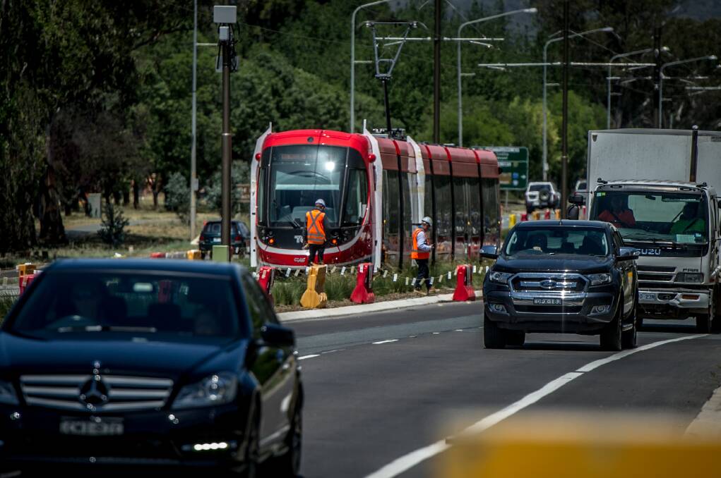 A light rail vehicle being tested on Northbourne Avenue. The project is running several months behind schedule.  Photo: Karleen Minney