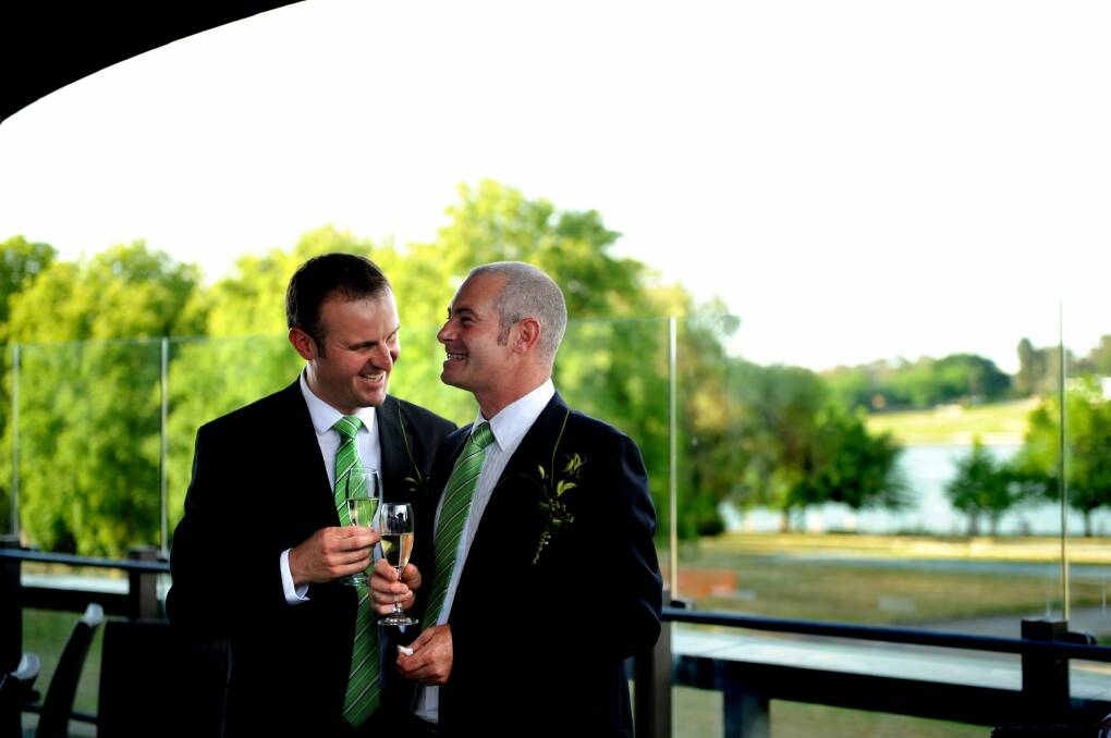 Andrew Barr and Anthony Toms celebrate their civil partnership at the National Library in 2009. Photo: Marina Neil