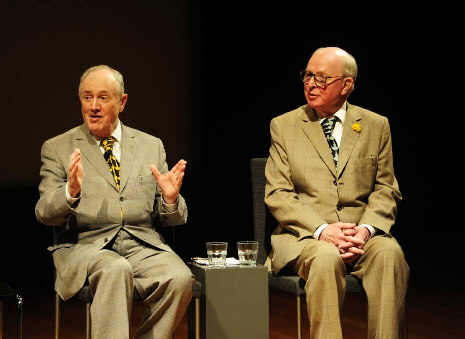 Gilbert and George talk with National Gallery of Australia director Gerard Vaughan at the NGA on December 1. Photo: Melissa Adams 