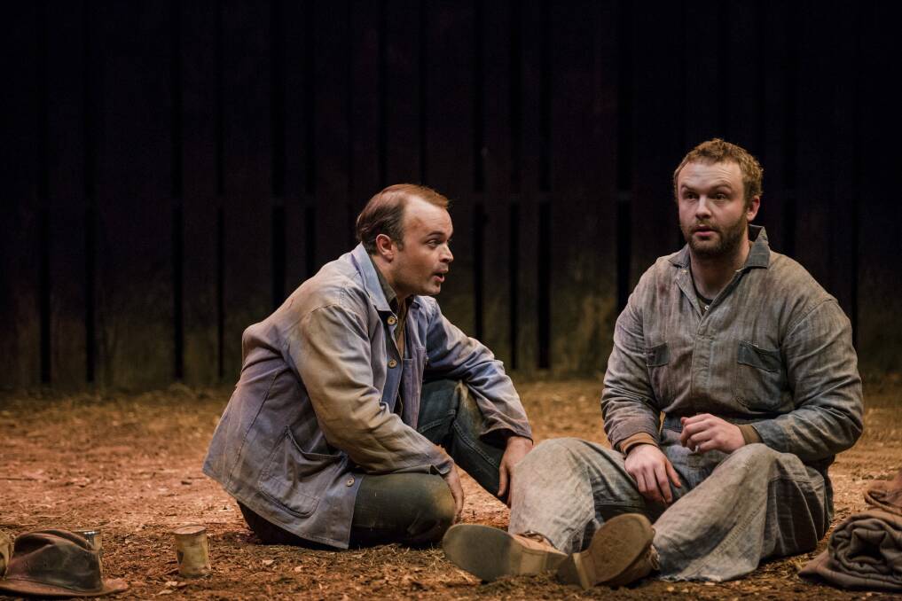 Anthony Gooley as George, left, and Andrew Henry as Lennie in <i>Of Mice and Men</i>, at the Canberra Theatre Centre. Photo: Jamila Toderas