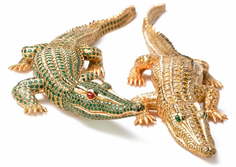 The crocodile brooches made from yellow diamonds and emeralds. Photo: Nick Welsh