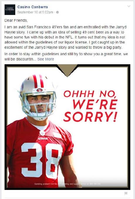 Casino Canberra's Facebook apology. Photo: Facebook
