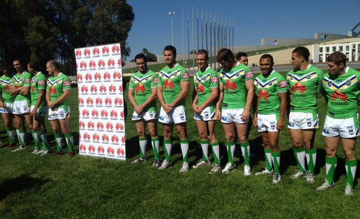 The Raiders unveil their new jerseys after signing Huawei as their new major sponsor. Photo: Lee Gaskin