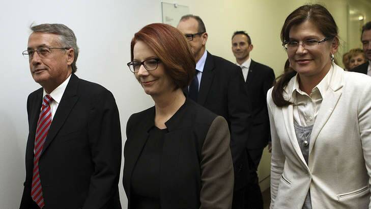 FACING FATE: ACT Senator Kate Lundy walking to the Labor leadership ballot with Julia Gillard and Wayne Swan on Wednesday. Photo: Getty Images